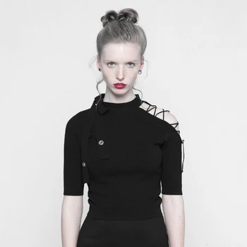 

PUNK RABV Women's Punk Strapless Imitate Ice Silk T-shirt Hollow-out Tied Rope Slim Fit Personality Half Sleeve Tops