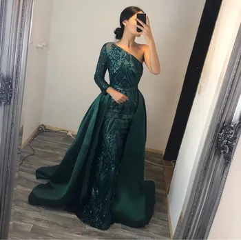 

2020 New Green One-Shoulder Long-Sleeve Sequeined Evening Dress Luxury Elegant with Train and Sashes Stain Dress for Party