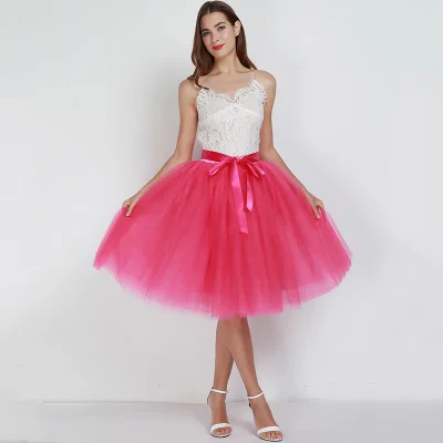 rose red Новая мода, 6 слоев, 65 см, Тюлевая юбка, женская, черная, серая, белая, для взрослых, Тюлевая юбка, эластичная, высокая талия, плиссированная, миди юбка, одежда - Цвет: rose red