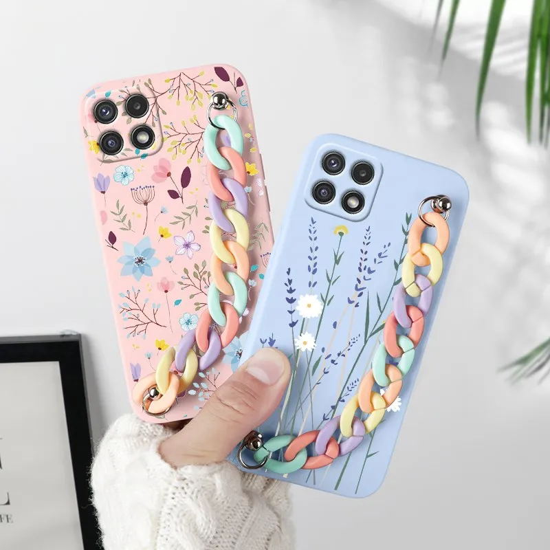 samsung cute phone cover For Samsung A22 Case Phone Back Cover For Samsung Galaxy A22 4G 5G GalaxyA22 A 22 Bumper Soft Silicone Wrist Chain Fundas Flower silicone case for samsung