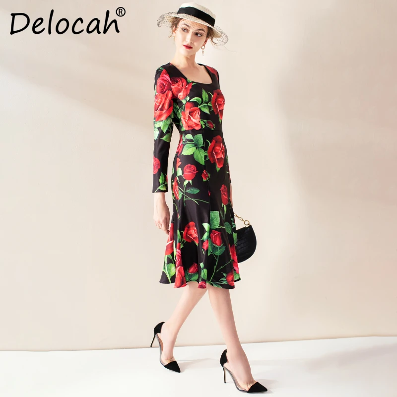Delocah, осенне-зимнее женское платье, подиумное, модное, дизайнерское, с длинным рукавом, великолепное, с оборками, с принтом розы, элегантное, тонкое платье