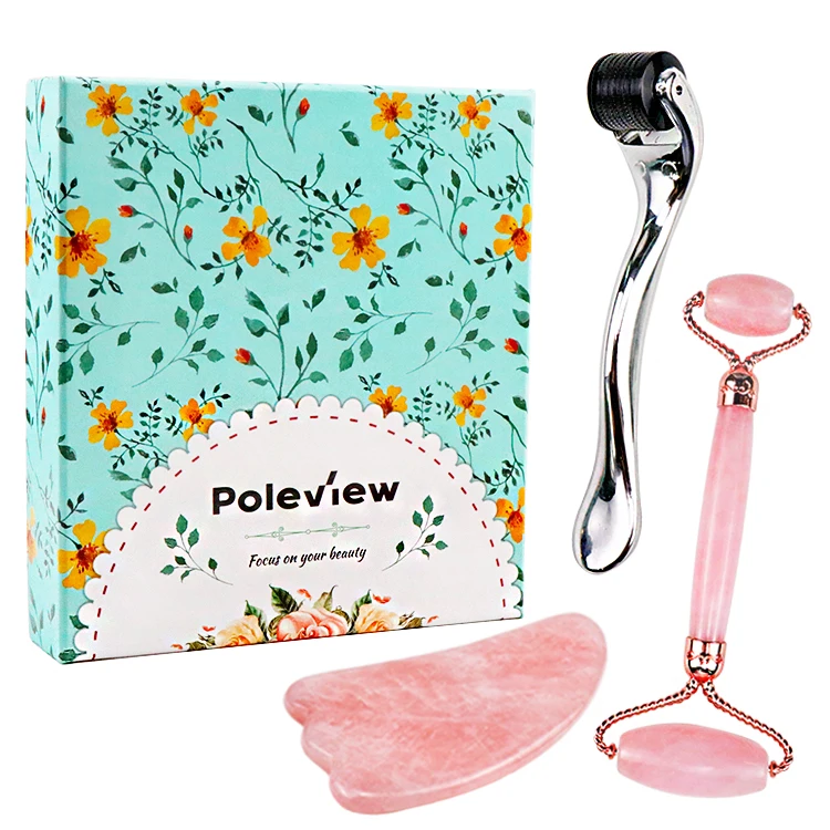 

Derma Roller Jade Roller and Gua Sha Tools Set - Anti Aging Rose Quartz Roller Massager for Face Massager No Squeaks