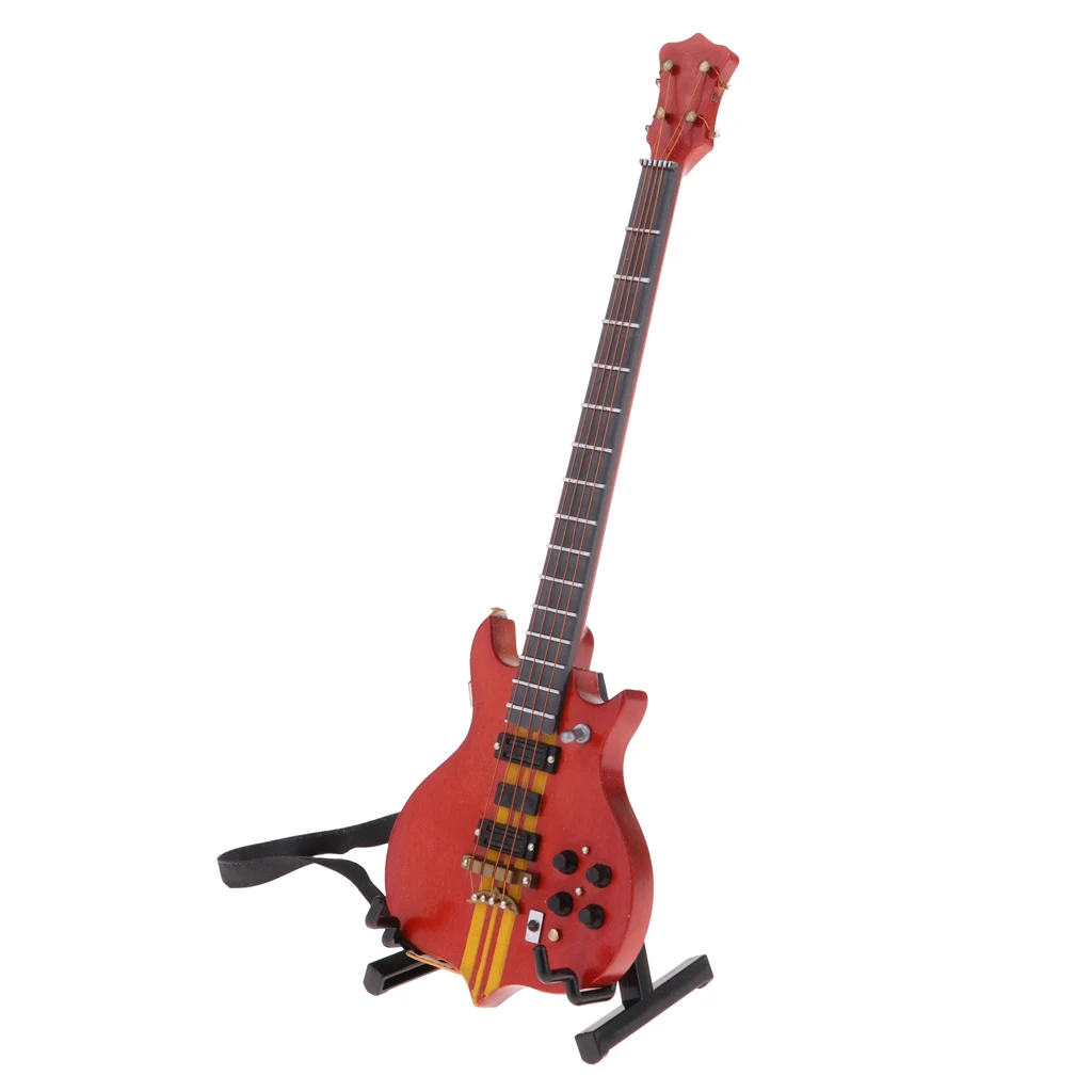 Handmade Mini Wooden Bass Guitar Model with Stand for 1/6 Action Figures Xmas Gifts Toys Accessories - Red