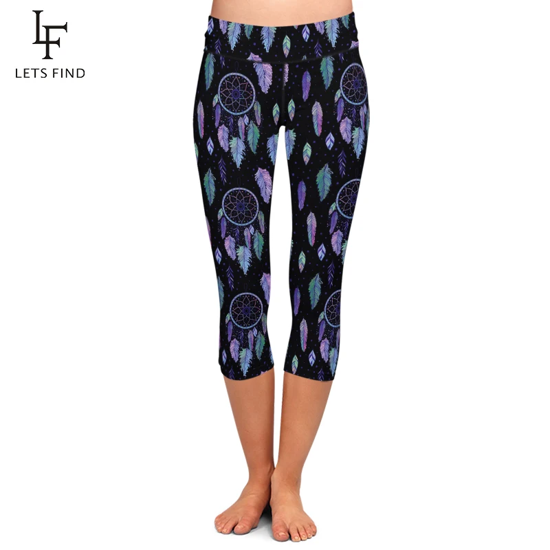 LETSFIND-mallas Capri con estampado de atrapasueños para mujer, Leggings de cintura alta, de talla grande, color morado, elástico en la pantorrilla, para verano