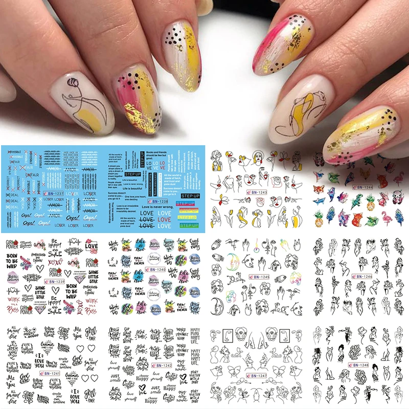 HNUIX 11/12 узоров/лист черная линия Красочные абстрактные стикеры изображений для ногтей девушка сексуальная переводная вода слайдер для нейл-арта