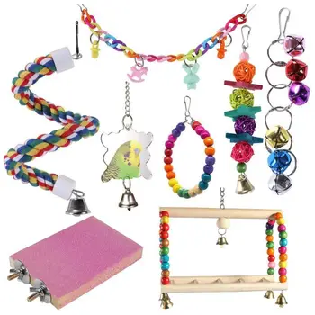 

8Pcs Bird Swing Toys with Bells Parrot Chewing String Mirror Spiral Rope Perch