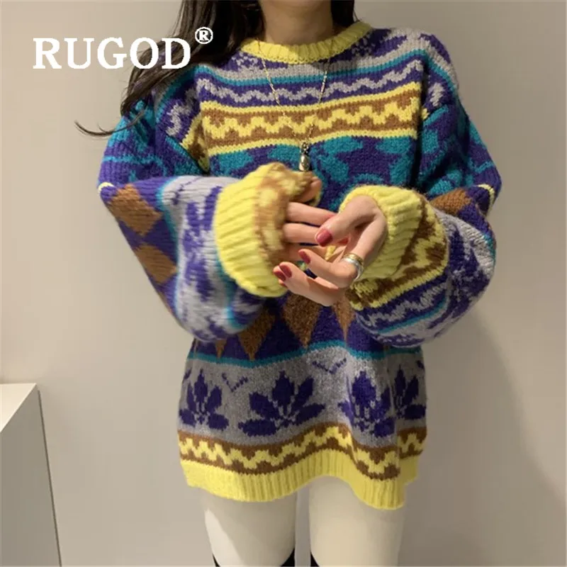 RUGOD свитер с цветными блоками, Пушистый пуловер, Мохеровый джемпер, зимние топы для женщин, трикотаж, Свободный корейский стиль, женские свитера