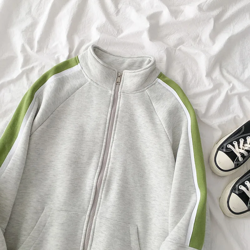 Gaganight боковые полосы повседневные свободные женские толстовки спортивная одежда топы на молнии осень зима флисовая толстовка шикарные студенческие девушки корейский