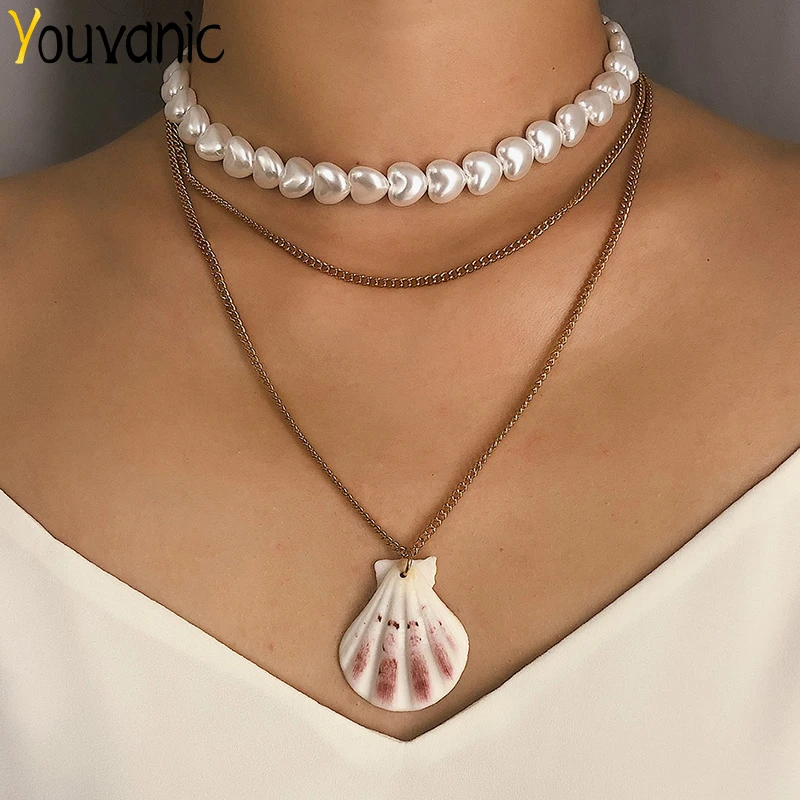 

Youvanic Boho Heart Shape Pearl Choker Necklace For Women Girl Shell Multi Layer Gold Chain Pendant Necklace Collar Jewelry 2402