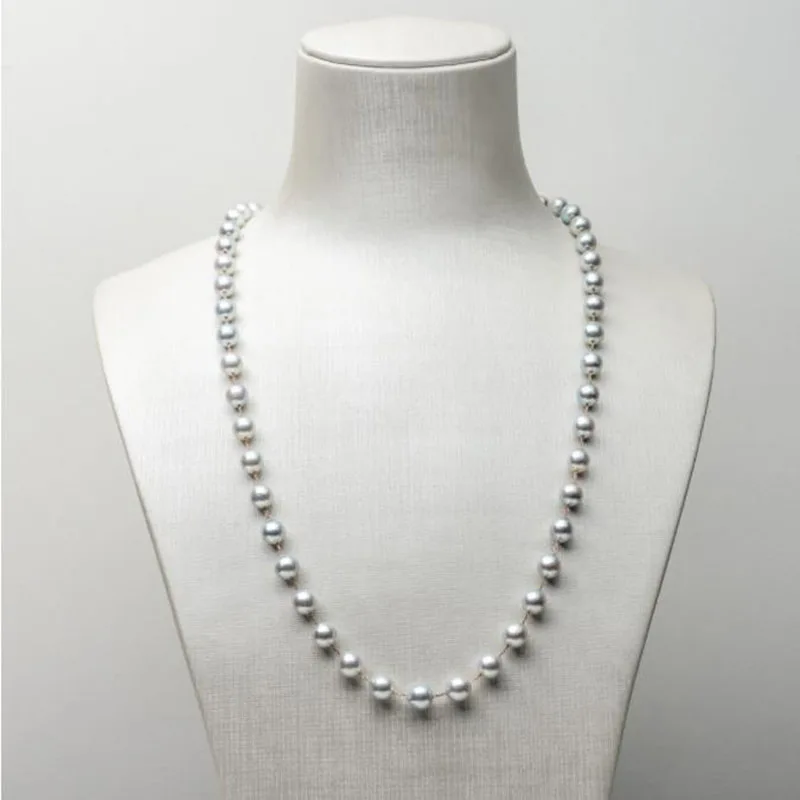 Silver Japanese Akoya Cultured Pearl Long Necklace 18k Rose Gold 19.1" 6.5-7mm