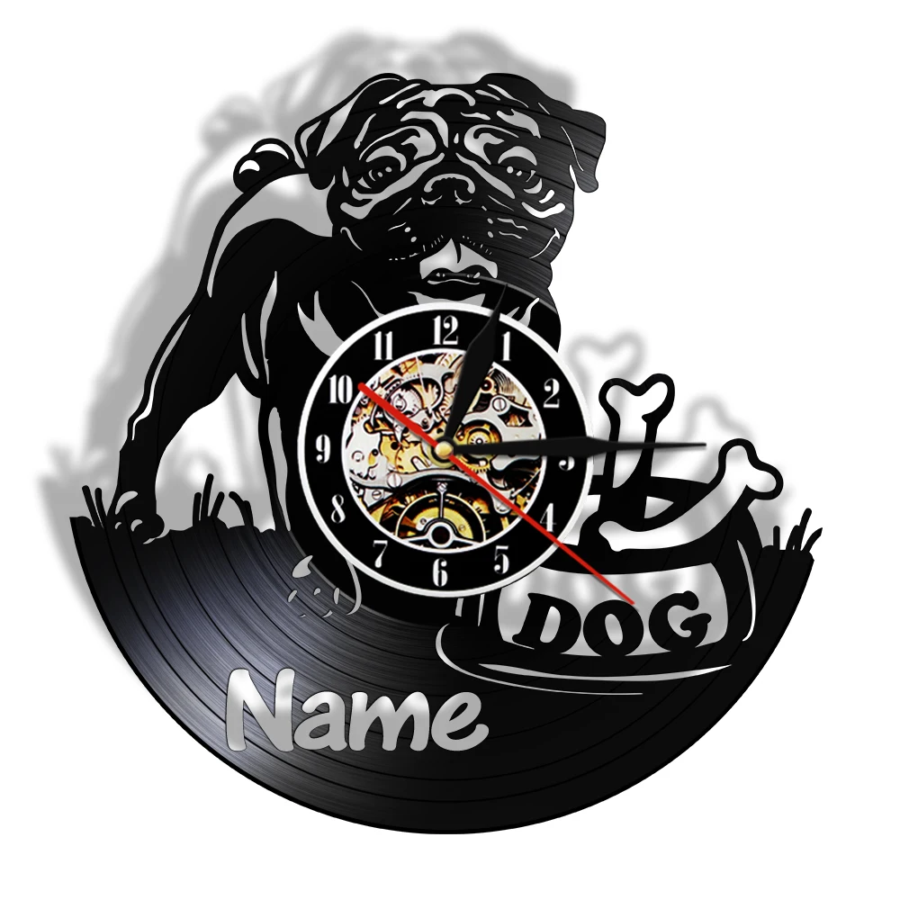 Pug Art Wall Decorative Clocks Custom Dog Name Vinyl Record 3d Wall Clock Modern Design Unique
