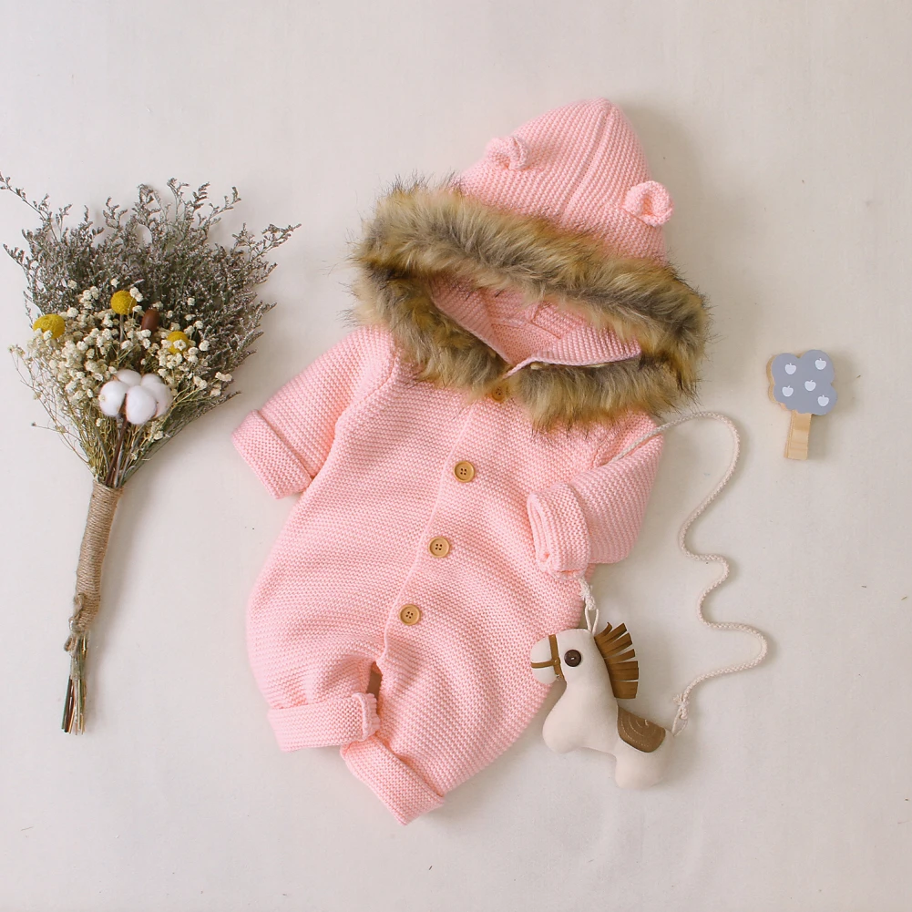 Детская одежда на осень и зиму одежда для маленьких мальчиков и девочек Вязаный домашний халат с длинными рукавами и пушистыми ушами, комбинезон Твердые наряды