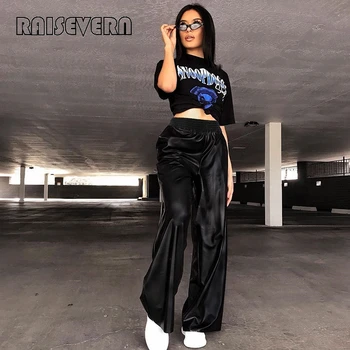 

Pu Leather Flare Pants Women Loose Elastic High Waist Wide LegTrousers Faux Ladies Black Casual Harajuku Pants Capris Streetwear
