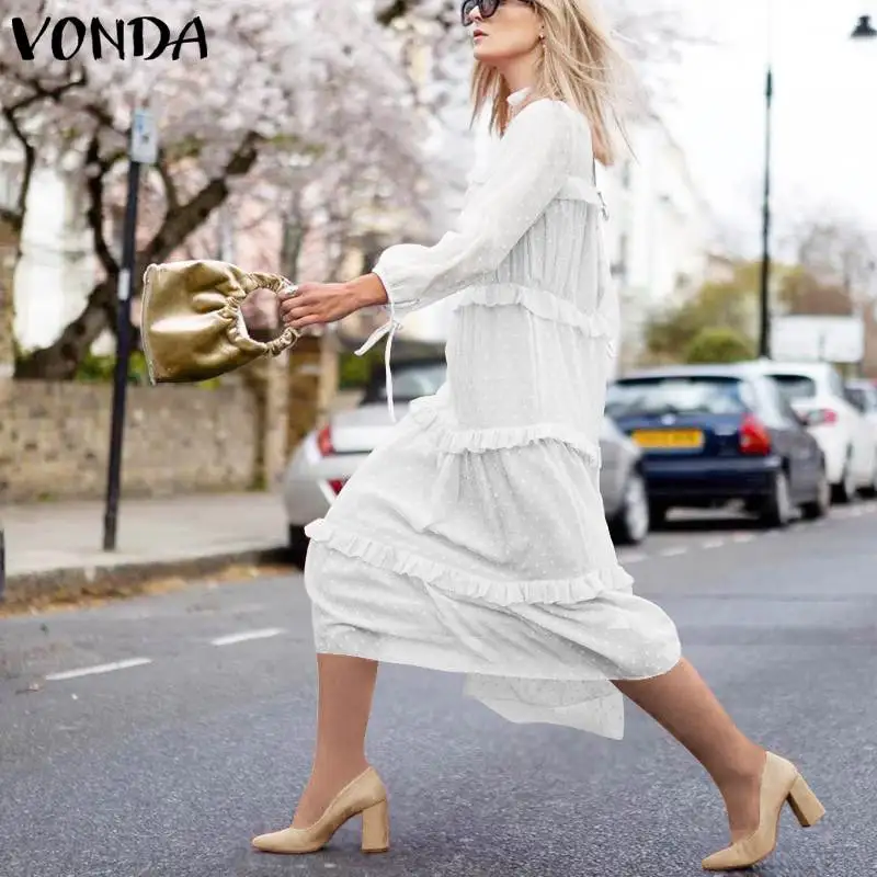 VONDA/модное осеннее платье, повседневные однотонные платья макси с длинными рукавами и круглым вырезом, женские кружевные богемные платья для беременных