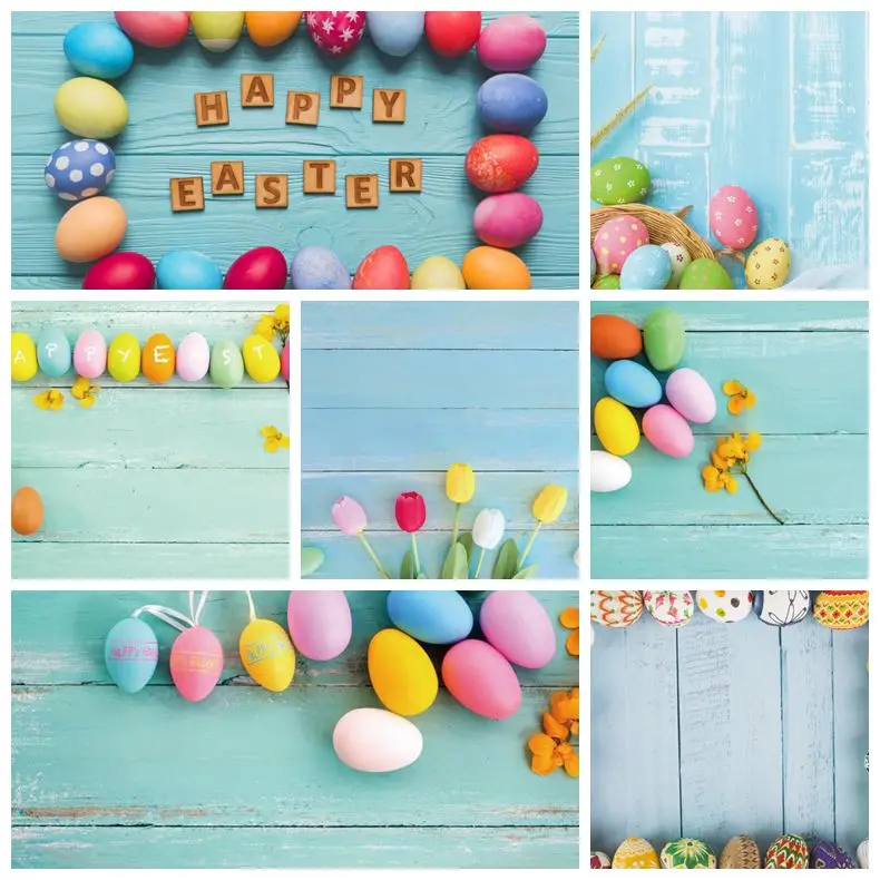 

Laeacco Happy Easter Day Photo Backgrounds Blue Wooden Board Egg Portrait Scene Photographic Custom Photo Backdrops Studio Decor