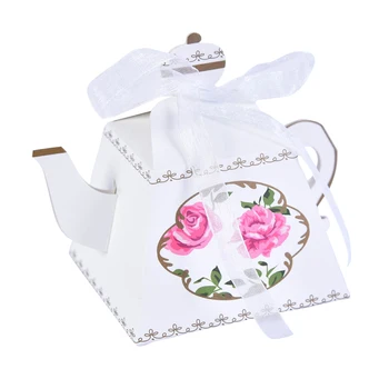 

50pcs Tea Time Whimsy Collection Teapot Shape Gift Case Party Favor With Ribbon Candy Box Packing Cute European Style Paperboard