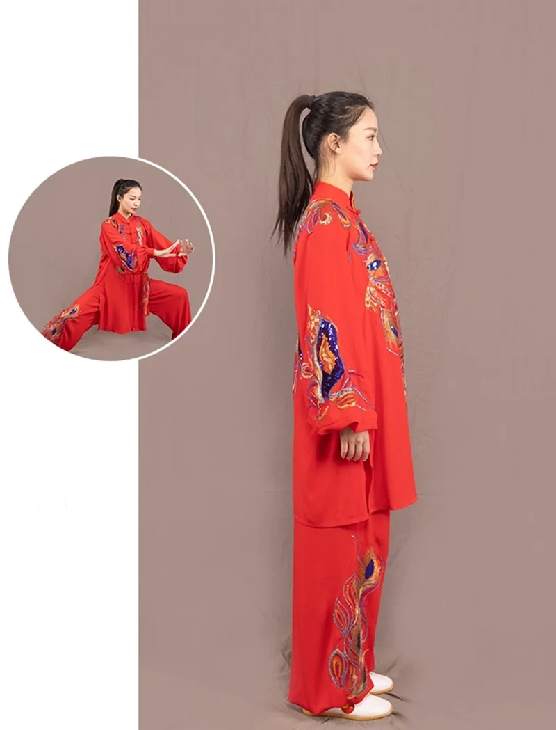 Тайцзи одежда кунг-фу одежда с блестками вышивка Phenix ушу костюм боевого искусства красное утро Sprots Tai Chi Униформа FF2255