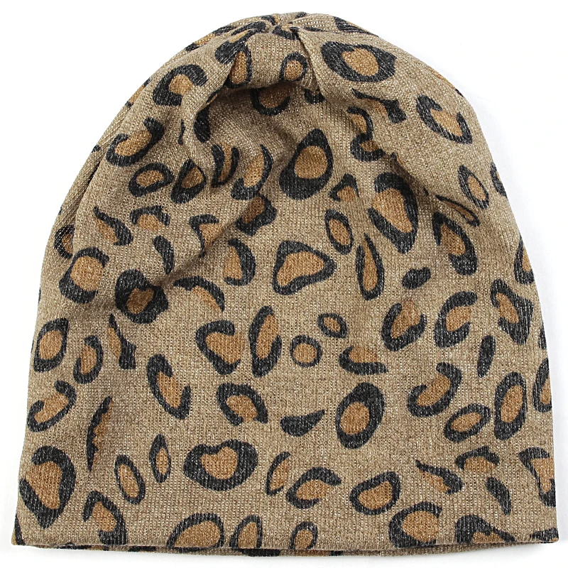 Khaki Geebro, модная женская шапка, полосатые женские шапочки, Skullies, повседневная, полиэстер, хлопок, Леопардовый шарф, шапка, осень, зима, теплые шапки - Цвет: Khaki