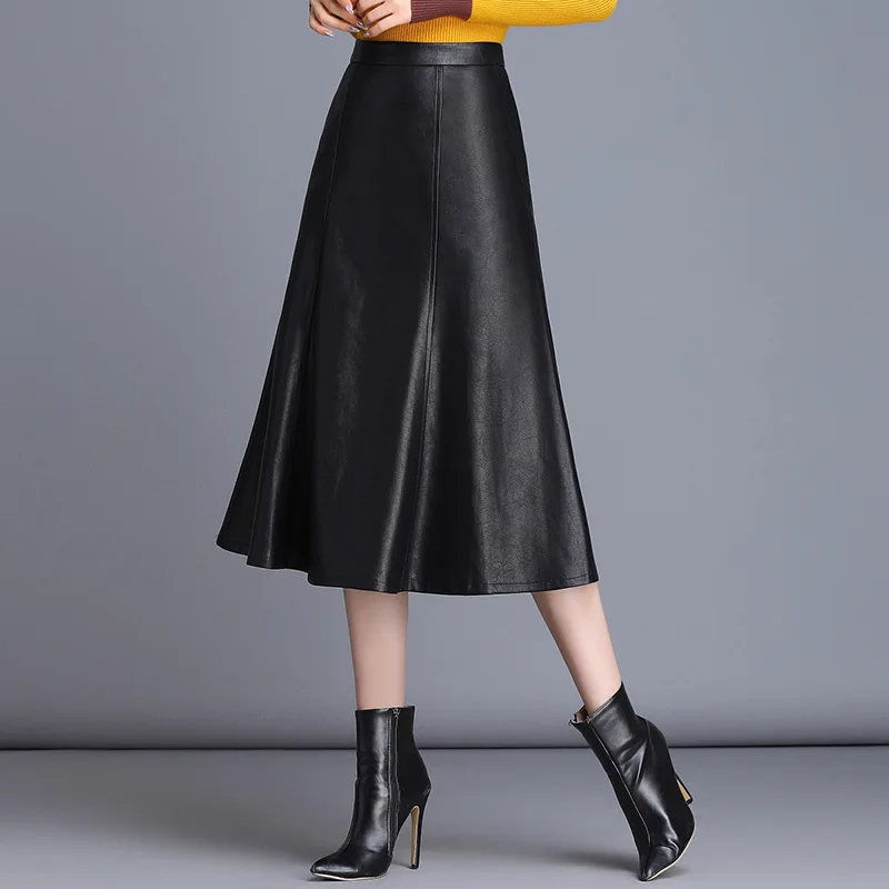 

2019 Autumn And Winter New Style Origional Design WOMEN'S Dress-High-End Medium-length A- line Skirt Leather Skirt PU Leather Sh