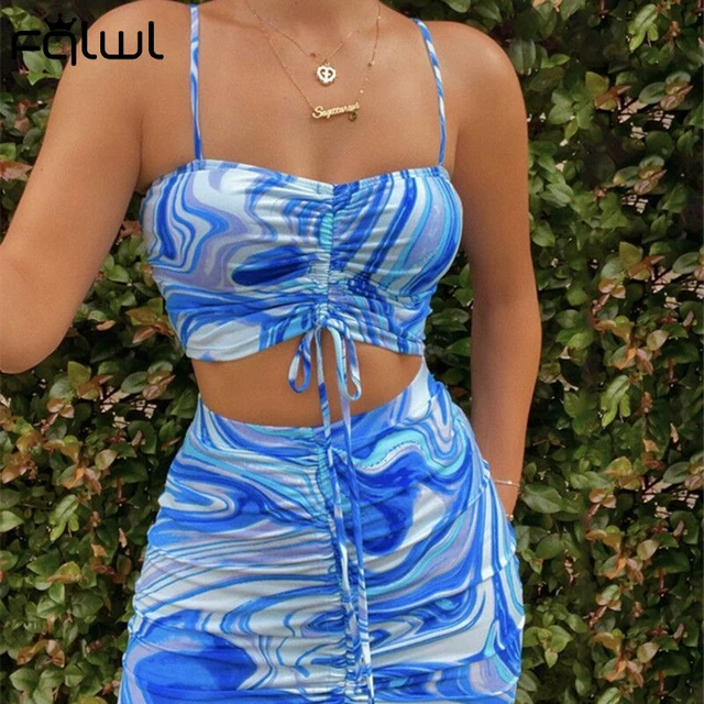 FQLWL Summer Sexy 2 Two Piece Set Women Outfits 2021 Sleeveless Backless Crop Top Drawstring Mini Skirts Clubwear Matching Sets 2
