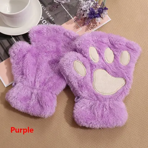 Cute Bear Paw/Cat Gloves With Rope For Women Girls Winter Plush Fluffy Warm Fingerless Gloves Great Winter Christmas Gift