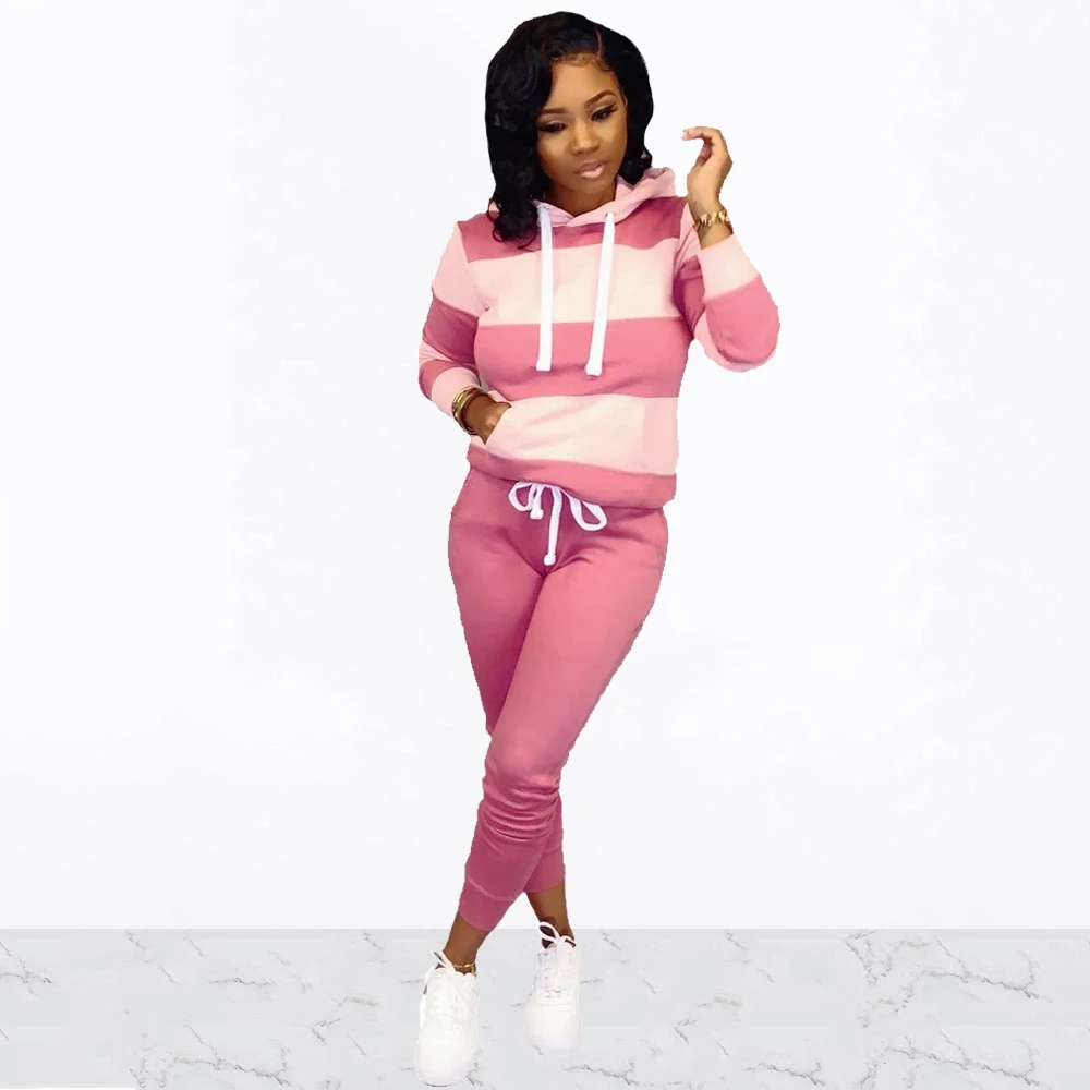 

Women Hooded Striped Pocket Sweatshirt Casual Long Sleeve Pullovers+Slim Drawstring Sport Pants Autumn Fashion 2 Piece Set