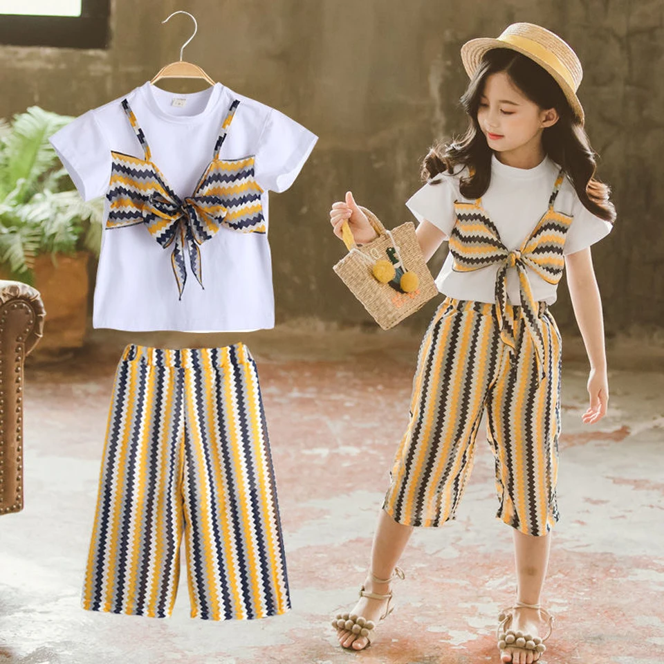 Крутой модный детский комплект одежды для девочек, Новые Топы для маленьких девочек, рубашка, полосатые штаны с большим бантом, комплект одежды, От 4 до 12 лет