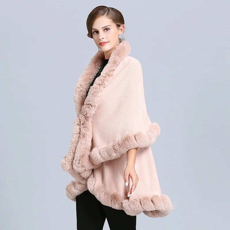 Female Big Pendulum Two Layers Cardigan Coat Women Winter Soild String Faux Fox Fur Collar Out Streetwear Black Poncho Capes