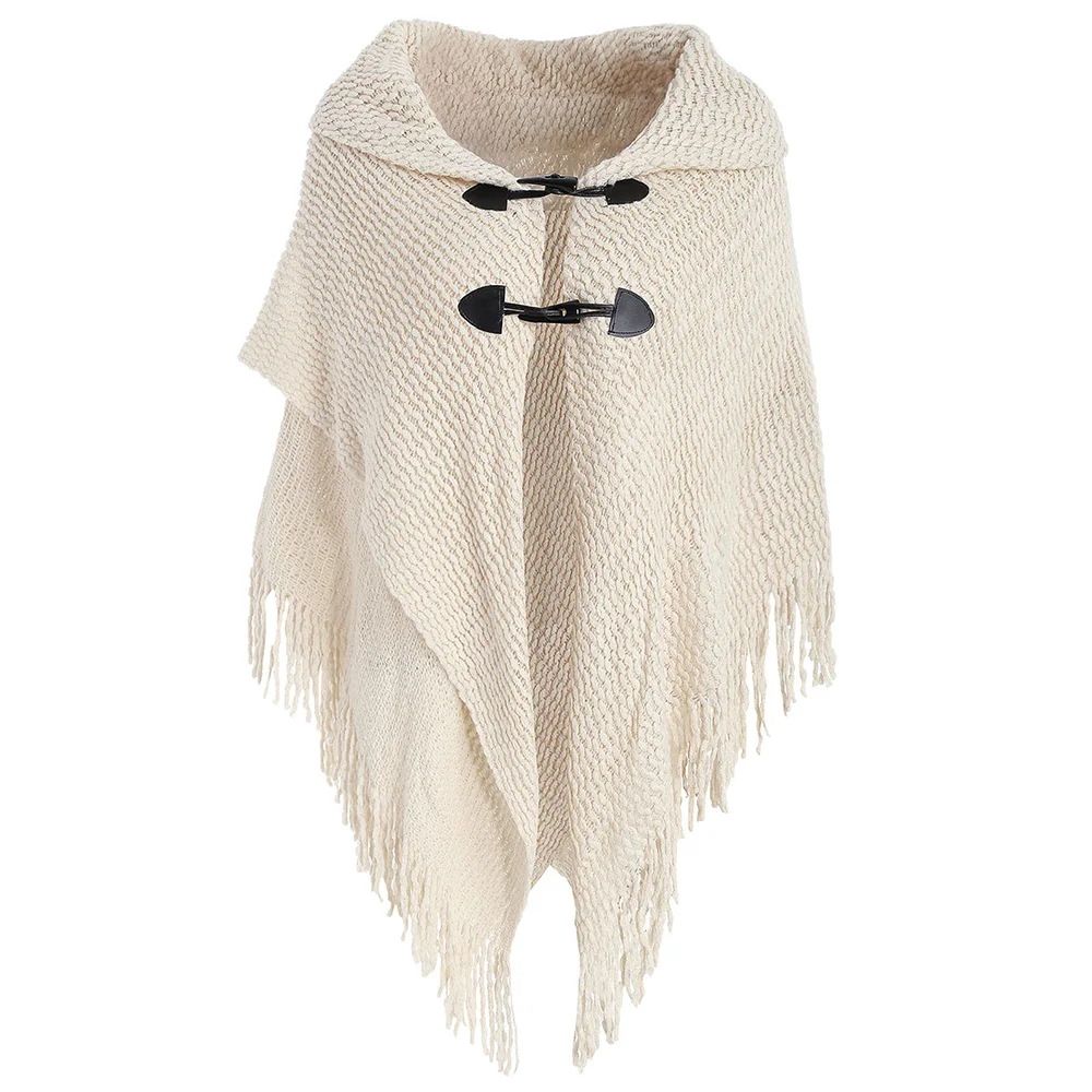 

ROSEGAL New Knitting Button Overcoat Fringed Poncho Large Size Cloak Elegant Cardigan Women Ponchos Casual Capes Big Size Coats