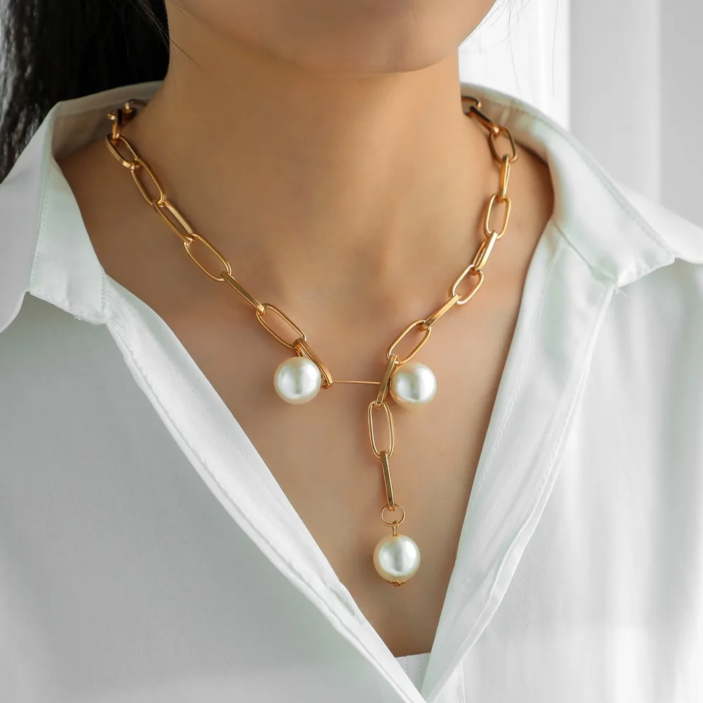 Punk Vintage Necklace for Women Cuban Thick Chunky Chain Imitation Pearl adjustable Pendant Gold silver Girls Jewelry New | Украшения и