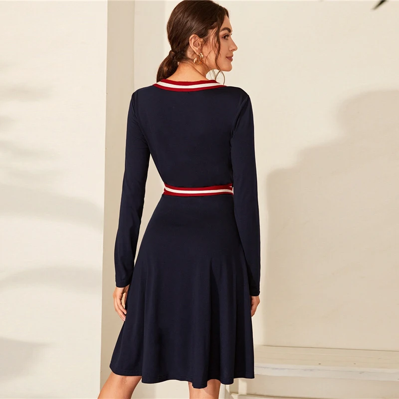 Sheinside Elegant Stripe Trim Patchwork Dress Women Autumn V Neck Wrap A Line Dresses Ladies Navy High Waist Belted Dress