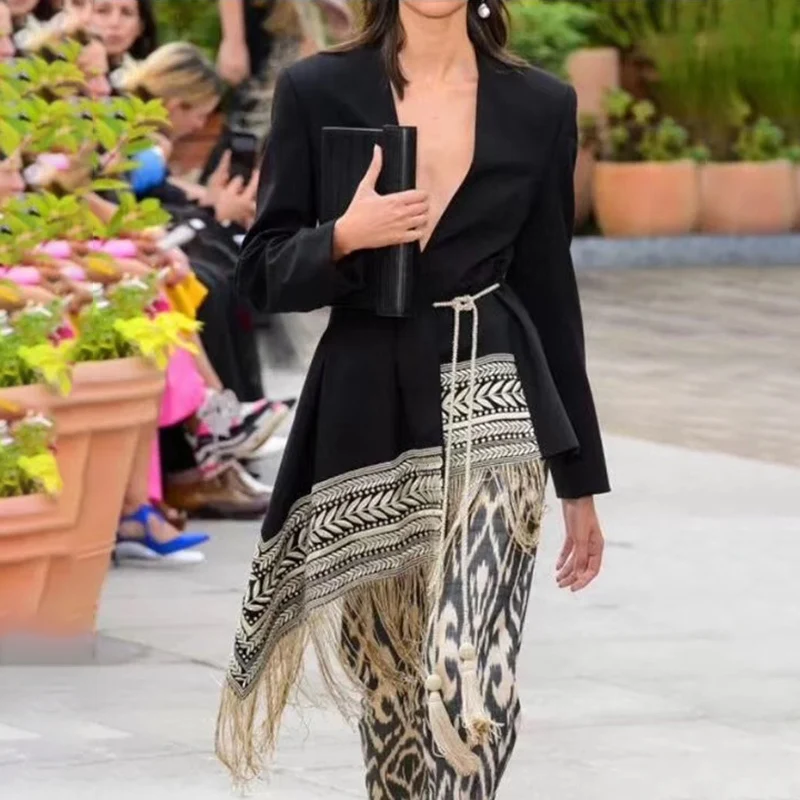 

Autumn Long Blazer Feminino Asymmetric Embroidery Tassels Suit Blazer Women 2019 Fall High Street