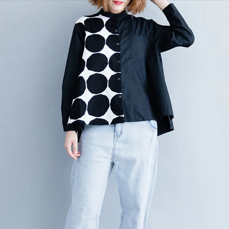 

Johnature Casual Loose Womens Tops And Blouses 2019 Stand Collar Long Sleeve Patchwork Wave Point Summer New Women Shirts