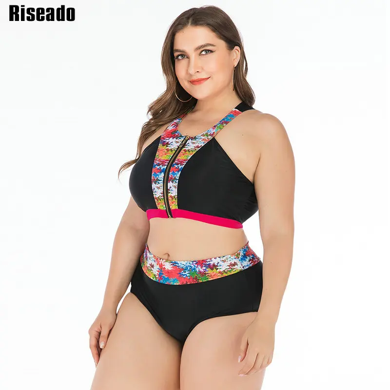

Riseado Patchwork Bikini New Zipper Swimsuit Retro Printing Swimwear Women 2019 High Waist Bikini Bathing Suit Plus Size Biquini