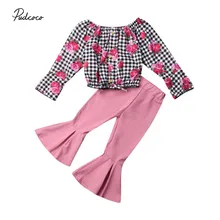 Коллекция года, весенне-осенняя одежда для малышей Топы с длинными рукавами и цветочным принтом для маленьких девочек, футболка штаны с колокольчиками, одежда 2-7T