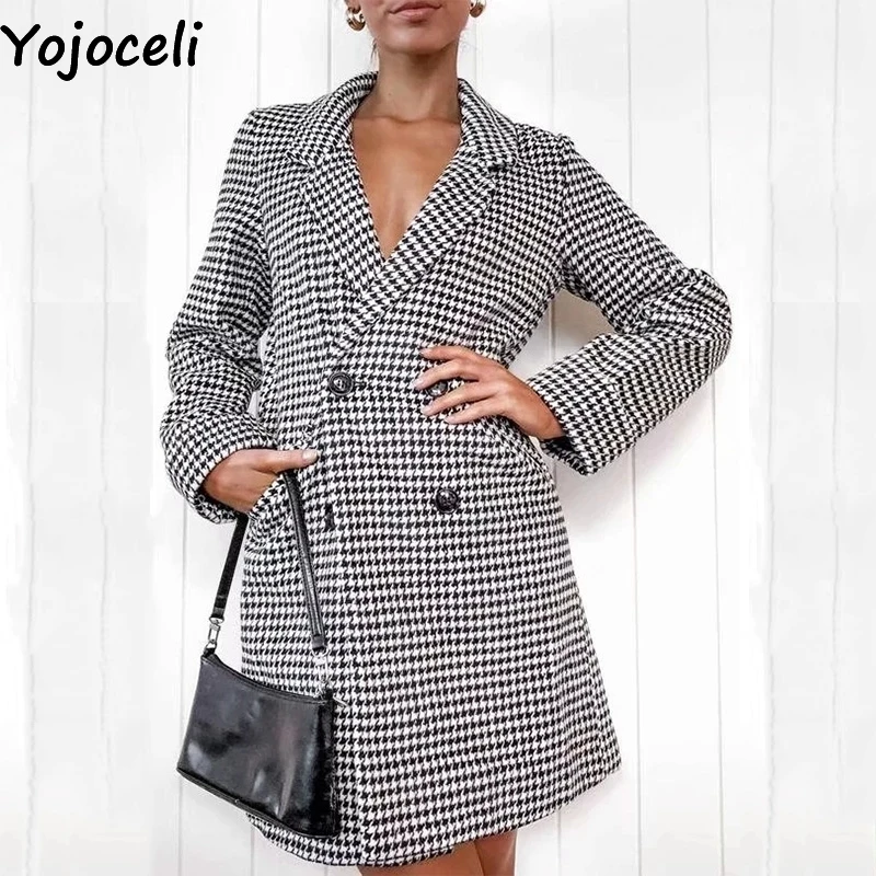 

Yojoceli Pockets plaid turn down collar trench women coat Autumn warm long overcoat female Winter elegant casual windbreakers
