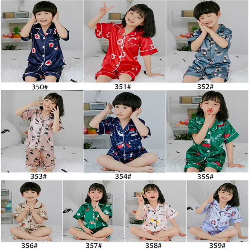 

Summer Children Short Pajamas Sets 2019 silk Home Sleepwear Girls Short Kids Pijamas Boy Short Top and Pant Print Pajamas