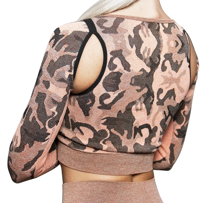Женская камуфляжная рубашка для йоги, спортивный укороченный топ, спортивный топ для бега, дышащая Спортивная одежда для фитнеса, спортивная одежда для спортзала