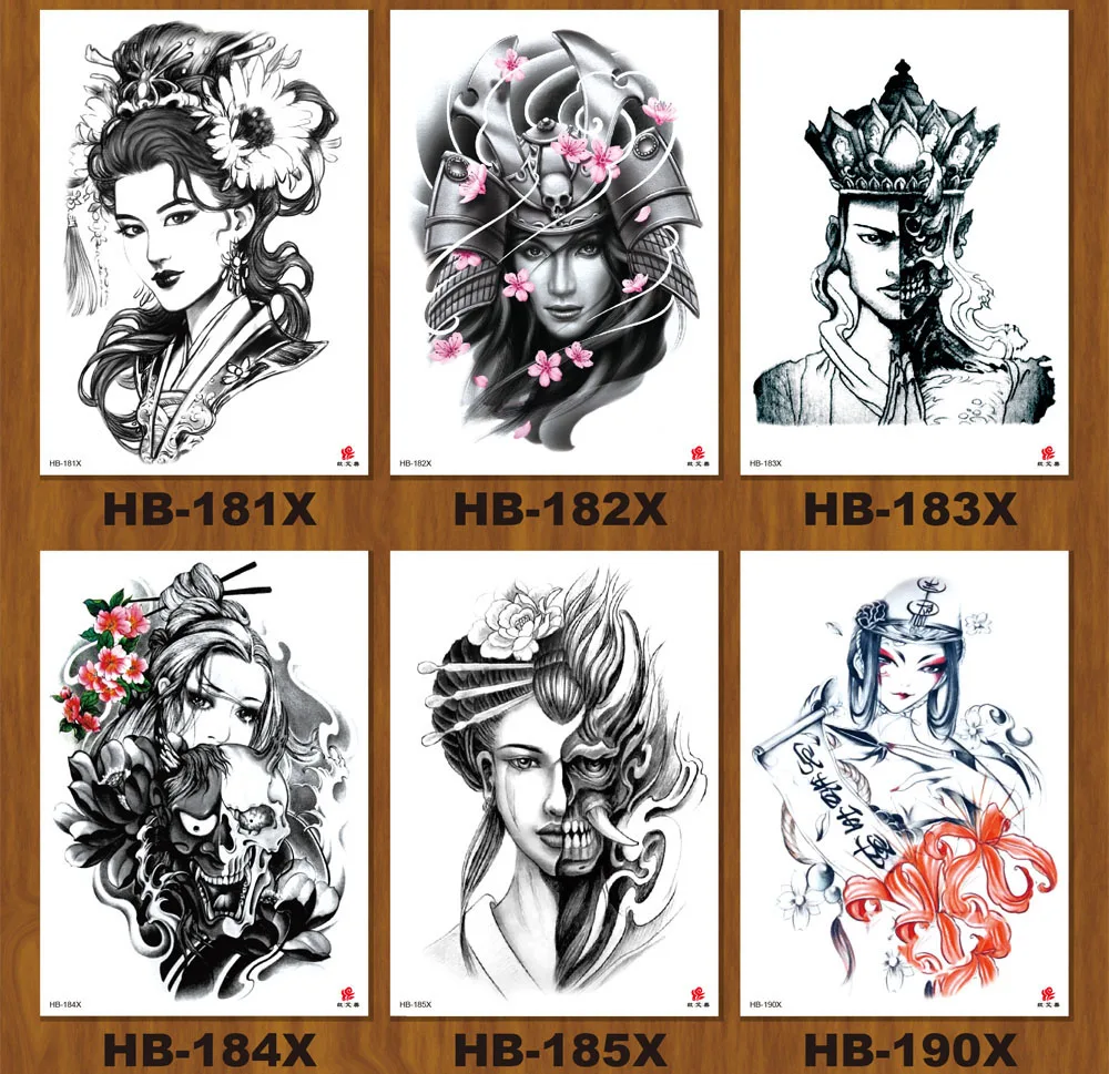 Fake Black Tattoo Ancient Beauty Women Guan Yu Tearing Girl Design Water Transfer Temporary Tattoo Sticker Body Arm Back Leg Men (4)