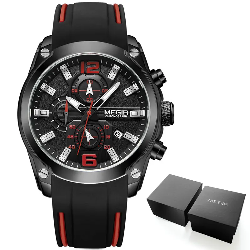Megir Мужские Аналоговые кварцевые часы с хронографом, модные спортивные наручные часы с резиновым ремешком со светящимися стрелками для мальчиков 2063GS-BK-1 - Цвет: M2063Black-1