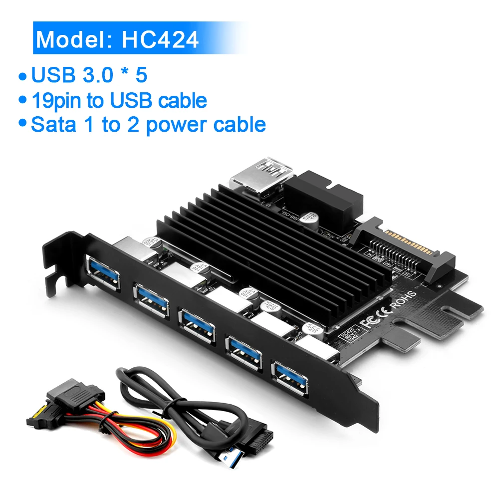 Красный Rocketek USB 3,0 type c PCI-E плата расширения 5 портов адаптер внешний контроллер Express 19 pin кабель SATA разъем питания шнур - Цвет: Красный