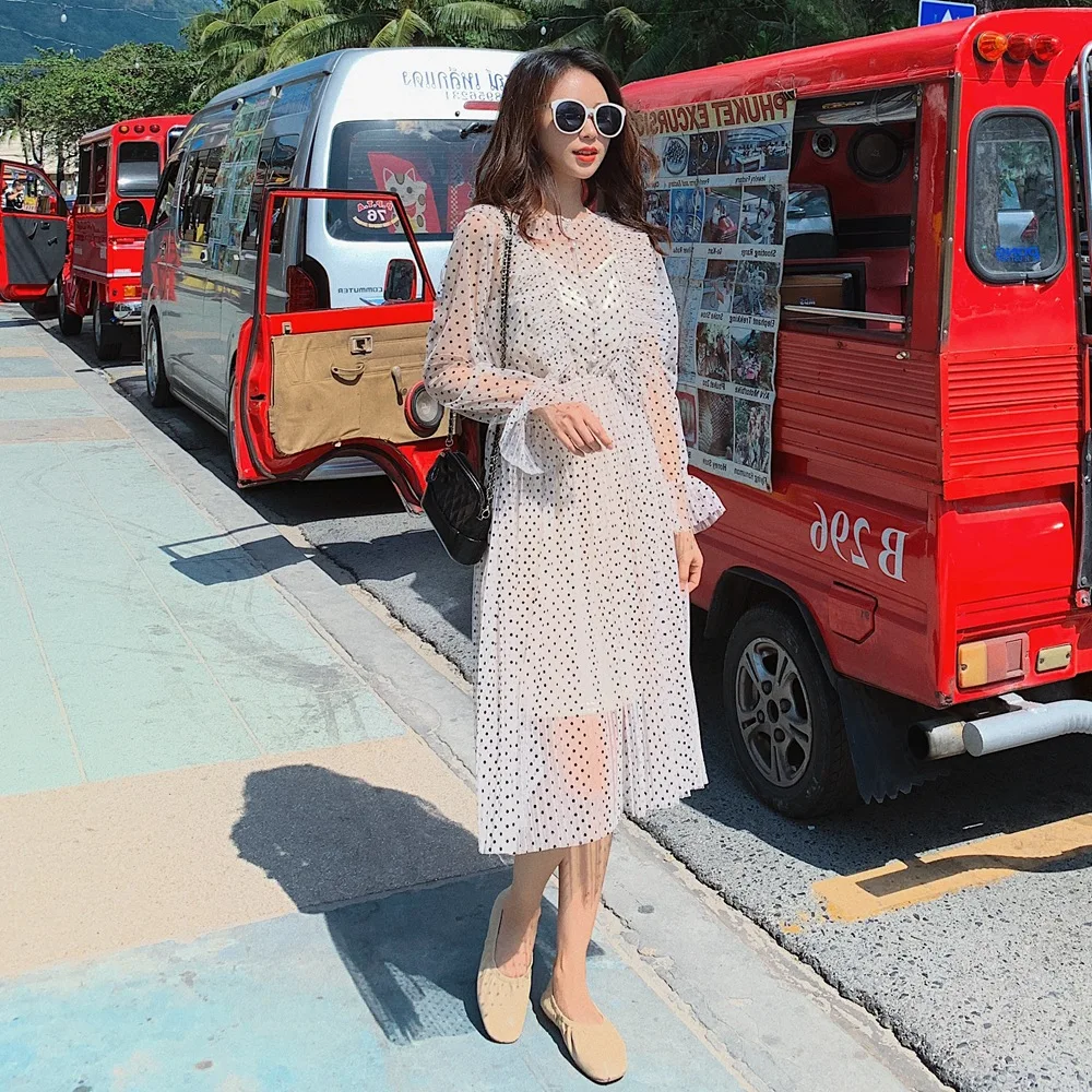 

Photo Shoot 2019 Spring New Style WOMEN'S Dress Sweet And Gentle Wind Waist Hugging Big Hemline Fairy Skirt Elegant Polka Dot Dr