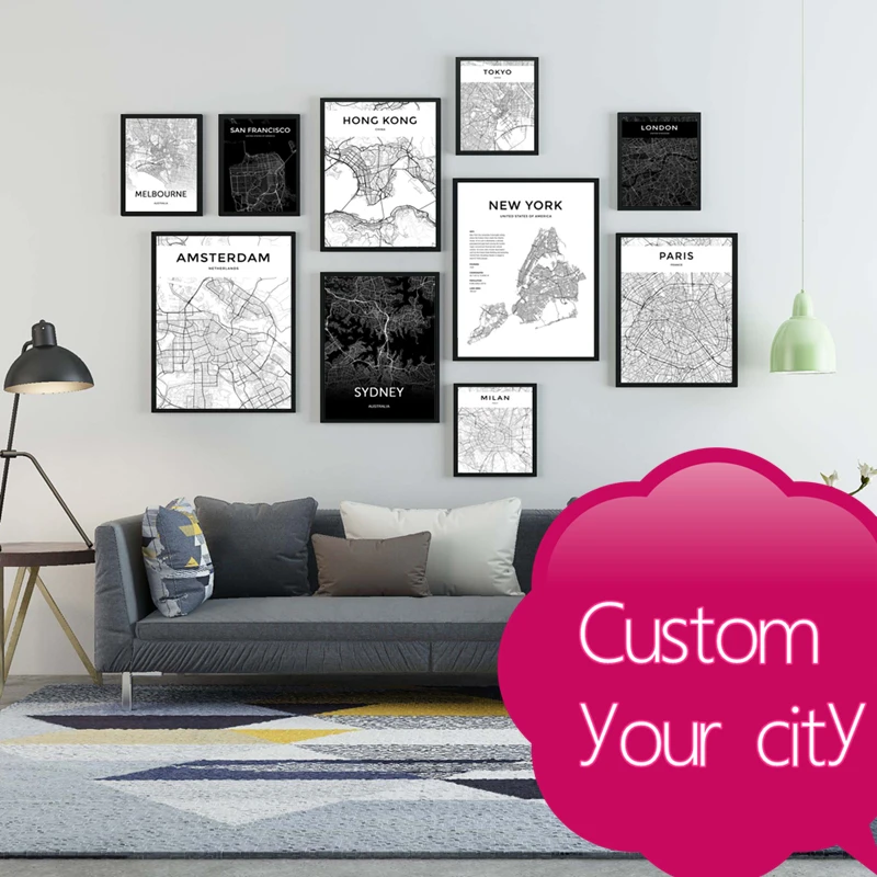 

Custom Modern Black and White World City Map London Paris New York Posters Rome City Map Prints Wall Art Canvas Painting