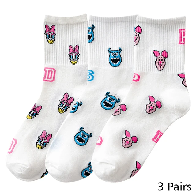 8 Pairs Disney Cartoon Socks Cute Mickey Minnie Daisy Donald Winnie Piglet Print White Funny Harajuku Fashion Kawaii Girl Sock HD024