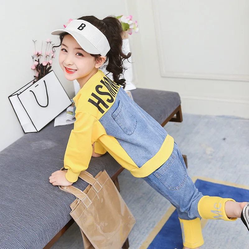 

Children Denim Suit 2019 New Style Girls Joint Autumn Autumn Clothing 2-Piece Child Western Style Sports Two B Class Fashion