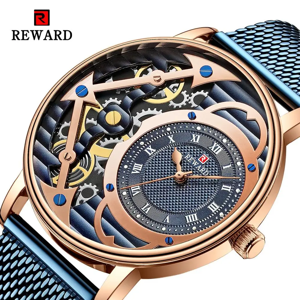 

REWARD Men Quartz Wristwatches Fashion Rose Gold Case Hollow Design Dark Blue Mesh Belt Horloges Mannen Business Watches