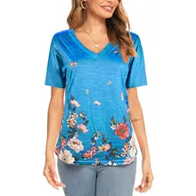 

2022 New Spring Summer Women T Shirts Korean Short Sleeve V-neck Loose Tees Shirts Floral Print Casual Female T shirts Pullovers