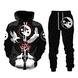 Pull à capuche imprimé Totem Viking 3D pour homme, ensemble de vêtements de sport, survêtement à manches longues, collection automne et hiver 