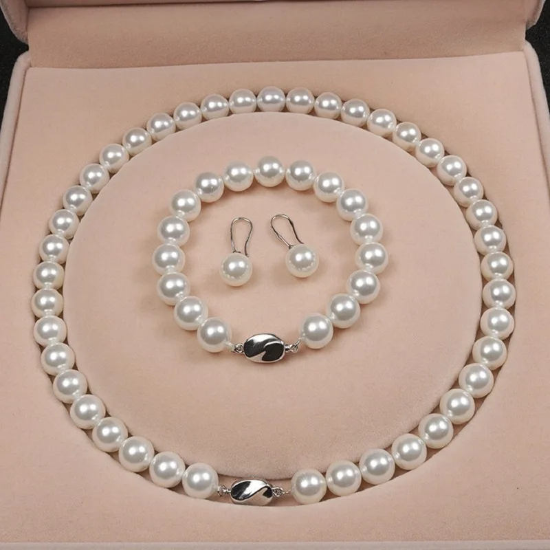 Ensemble trois pièces de perles de coquillage naturelles blanches, 10mm, collier, Bracelet, boucles d'oreilles, ensemble cadeau