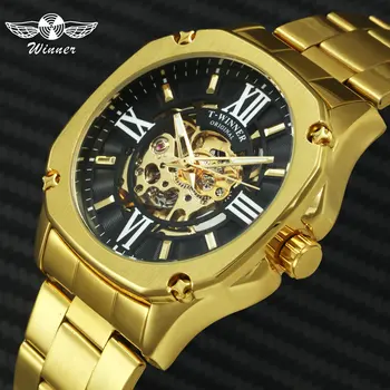 

WINNER Official Luxury Brand Creative Skeleton Watches Automatic Mechanical Steel Strap Fashion Steampunk Rose Gold Wrist Watch